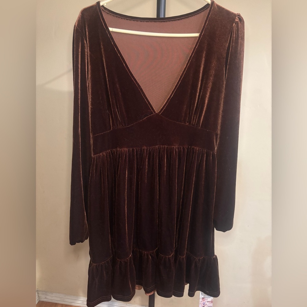 HALARA Brown Long Sleeve V-Neck Babydoll Dress